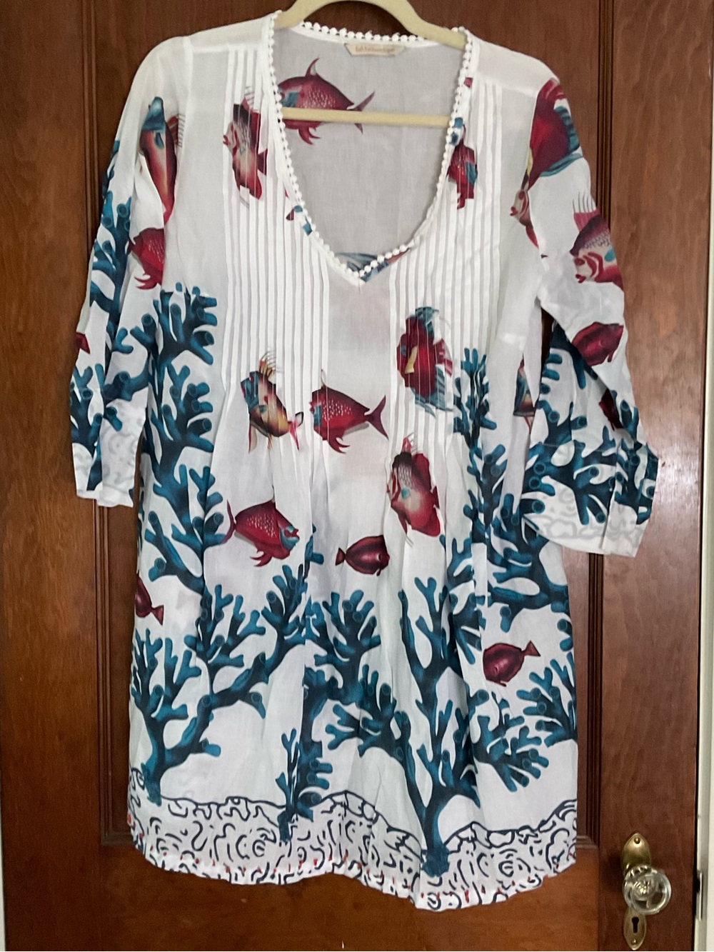 Soft Surroundings White Tunic with Pink-Red Fish Print